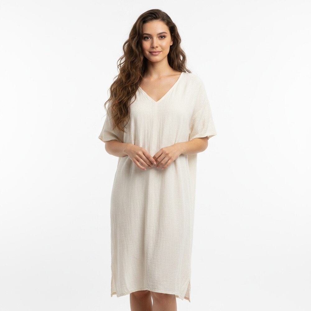 H&M Linen Blend Shift Midi Dress Large Ivory V Neck Short Sleeve Relaxed Coastal